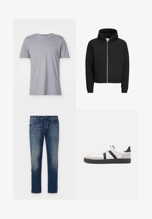 Sort lynlåstrøje med frontlommer, lange ærmer og hætte, med fleeceforet indvendig.; Grå, kortærmet t-shirt lavet af en bomuldsblanding, der har en klassisk crew neckline og en glat, blød tekstur.; Mørkeblå denimjeans med klassisk pasform, fem-lommer design, subtilt slid på lårene og lige ben. Metalknaplukning.; Hvide sneakers med sorte og grå detaljer, med en tekstureret grå tåhætte, sort gummisål og flade hvide snørebånd. Rent design, minimalistisk stil.