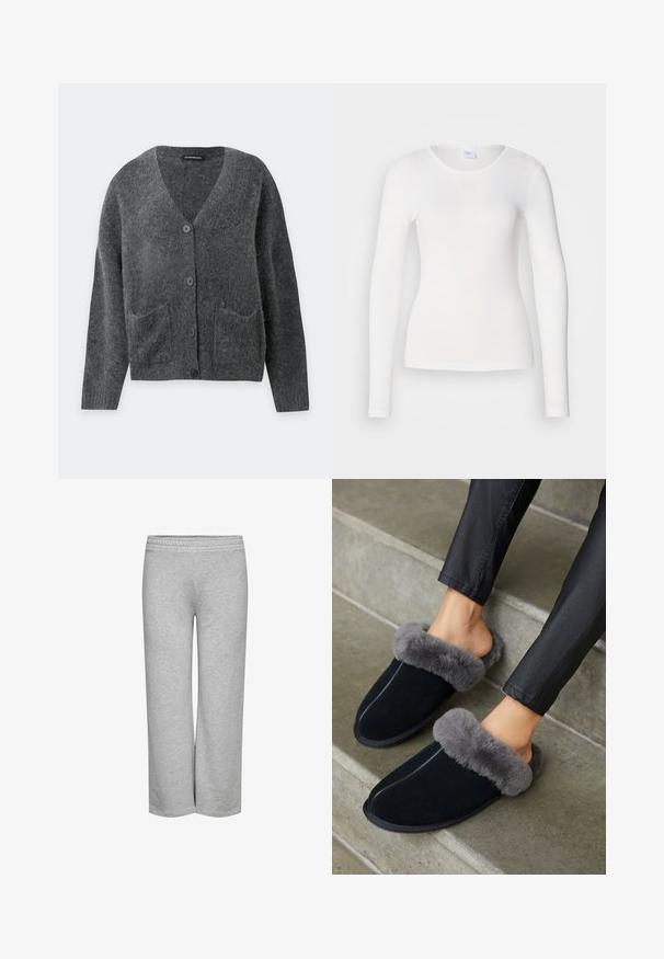 Dunkelgraue, flauschige Strickjacke mit langen Ärmeln, V-Ausschnitt, vorderen Knöpfen und zwei vorderen Taschen, dargestellt auf einfachem hellem Hintergrund.; Weißes Langarmhemd aus einem weichen, glatten Stoff; hat einen runden Ausschnitt und eine figurbetonte Passform, ohne Muster oder Verzierungen.; Graue Sweatpants mit einem weiten Schnitt, weichem Material und einem elastischen Bund, ohne sichtbare Muster oder Hardware-Details.; Schwarze Wildlederpantoffeln mit einem grauen Kunstfellbund, runder Zehenpartie und Kontrastnähten. Weiche Textur und Slipper-Design für ein einfaches Anziehen.