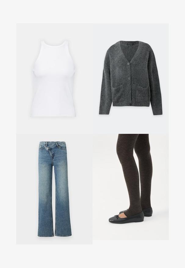 Mørkegrå, blød cardigan med lange ærmer, V-hals, knapper foran og to forlommer, vist på en ensfarvet lys baggrund.; Hvid ærmeløs tanktop lavet af ribbet stof, med en rund halsudskæring og en tætsiddende silhuet, med minimale sømme og ingen pynt.; Lyseblå denim jeans med vide ben og høj talje, let falmet effekt og knaplukning foran. Har fem lommer og minimal syning.; Ben iført mørke ribbede leggings kombineret med sorte balletsko med små sløjfedetaljer på hvid baggrund.