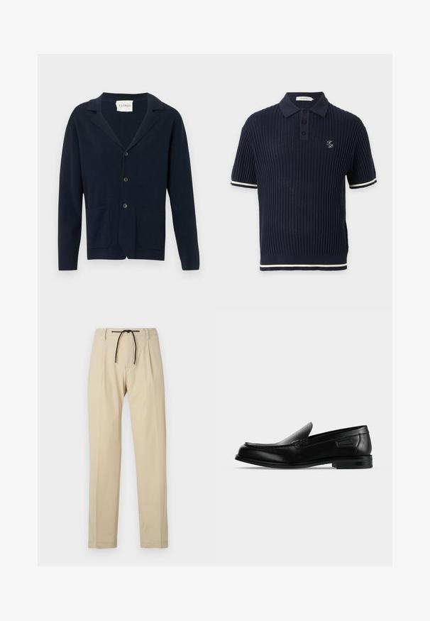 Mørkeblå cardigan med knapper, to lommer foran og krave, vist mod en hvid baggrund.; Navyblå, ribstrikket kortærmet poloshirt med tre knapper, hvide kanter på ærmer og kant samt lille hvid broderet logo på brystet.; Beige bukser med lige pasform, der har snøring i taljen, plisseret front og glat tekstur. Enkel og alsidig design.; Sort læder slip-on loafer med lav hæl, rundet tå og dekorative syninger langs øverste kant.