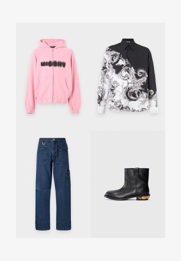 Rosa Kapuzen-Sweatshirt mit Reißverschluss, elastischen Bündchen und Saum, Fronttaschen und schwarzem "MISBHV"-Schriftzug in unscharfem Stil quer über die Brust.; Schwarz-weißes, langärmeliges Hemd mit Knopfleiste, verziert mit wirbelnden barocken Wellenmustern und einem Kragen, innen mit Versace Jeans Couture Etikett im Kragen.; Dunkelblaue Denim-Cargo-Hosen mit geradem Schnitt, ausgestattet mit mehreren Taschen, metallischen Beschlägen und Kontrastnähten.; Schwarze Leder-Stiefelette mit glatter Oberfläche, runder Zehenpartie und einem goldakzentuierten Walmotiv an der Ferse. Minimalistisches Design.