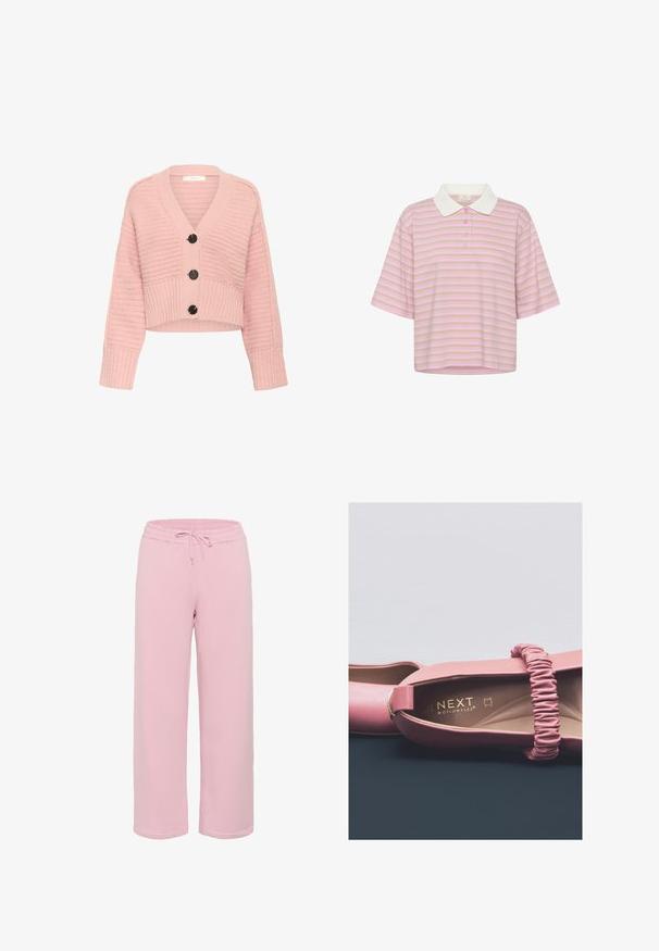 Pink cropped cardigan lavet af tekstureret stof med V-hals, ribbede manchetter og tre sorte knapper foran.; Kortærmet polo med beige og lyserøde vandrette striber og en kontrastfuld hvid krave, der har fire knapper foran.; Lyserøde sweatpants lavet af blødt stof, med bred ben-designet, elastisk talje med snørelås og afsluttede kanter.; Rosa flade sko med glat læderfinish, elastisk rem og gyldent mærke indvendigt. Rund tåform og minimalistisk design.