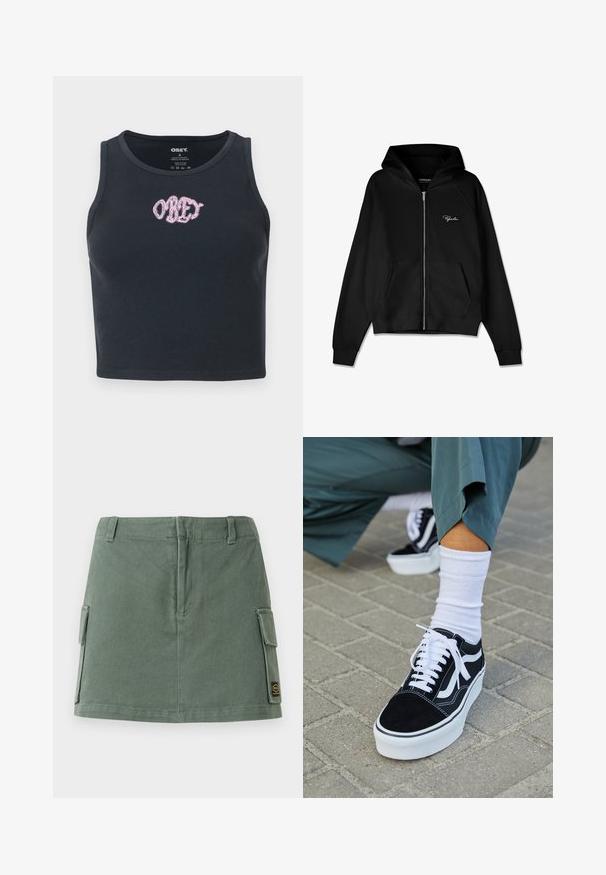 Zwarte zip-up hoodie met ribbelstructuur, kangoeroe pockets en een grote capuchon. Heeft een wit logo aan de bovenkant aan de linkerkant.; Zwarte geribbelde crop top van katoen met een ronde hals en een roze geborduurde "OBEY" logo op de borst.; Groene denim rok met een aansluitende tailleband, twee zijzakken en een patch aan de onderzijde rechts. Soepele textuur met een subtiele glans.; Zwarte suède sneaker met witte accenten en veters, uitgerust met een dikke witte zool en contrasterende stiksels, gecombineerd met een witte sok.