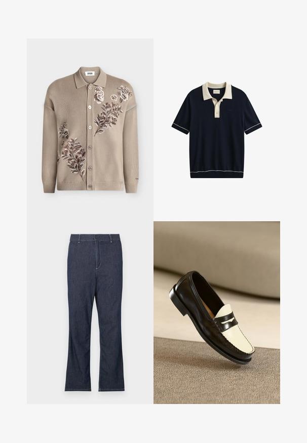 Cardigan beige en maille avec boutons, col et motifs floraux brodés en marron et blanc sur le devant et les manches.; Polo bleu marine à manches courtes avec col blanc, patte de boutonnage et bordure blanche aux manches et à l'ourlet.; Jean en denim bleu foncé avec une coupe droite, doté d'une fermeture par bouton et de surpiqûres blanches contrastantes sur les poches et les coutures.; Mocassin en cuir noir avec un empeigne crème et des rayures noires, présentant un petit talon et des coutures détaillées le long des bords.