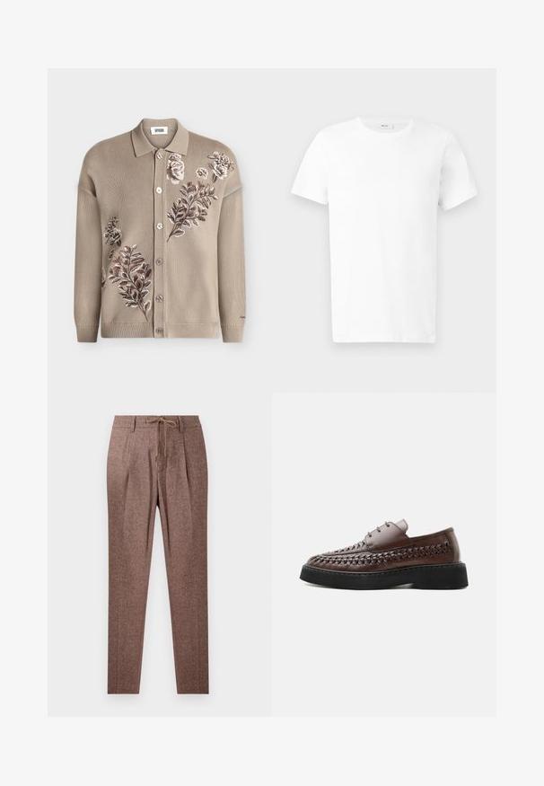 Beige strikket cardigan med knapper, krave og broderede blomsterprint i brun og hvid på front og ærmer.; Hvid kortærmet bomulds-T-shirt med rund hals, vist fladt på en lys grå baggrund.; Brune, strukturerede bukser med et hørmønster, der har en snøre i taljen og to frontfolder. Lige ben-design.; Brun læder snørestøvle med vævede detaljer langs siderne og en tyk sort platformsål, vist i profil på hvid baggrund.