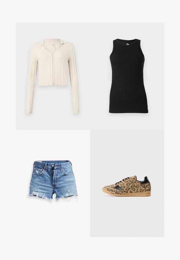 Cardigan en tricot côtelé de couleur crème avec des manches longues, un décolleté en V et cinq boutons en perles sur le devant. Design court.; Replay Débardeur - black; Shorts en denim bleu clair avec des bords effilochés, taille haute, fermeture à bouton et deux poches avant ; des détails usés ajoutent de la texture.; Baskets avec motif léopard, zone de lacets noirs, languette de talon noire et semelle en caoutchouc brun clair, présentées en profil latéral.