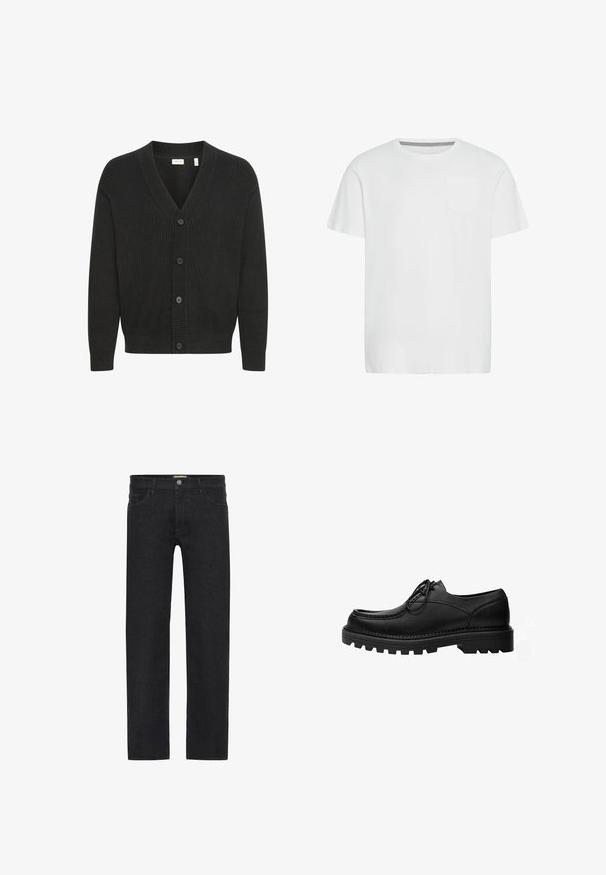 Solid SDNALLI - Cardigan - true black; Hvid bomulds t-shirt med rund hals, korte ærmer og en enkelt brystlomme. Har et subtilt hørmønster på den indre halsudskæring.; Sorte lige ben jeans lavet af denim, der har en knaplukning i taljen, fem lommer og et minimalistisk design uden synlige mønstre.; Sort læder snøresko med tyk, robust sål og detaljerede syninger på oversiden, designet til formelt eller afslappet brug.