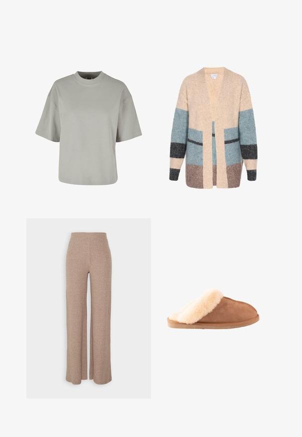 Cardigan gemaakt van zachte, gestructureerde stof in beige, blauw, grijs en bruin. Heeft een losse pasvorm met een open voorkant en ribgebreide accenten.; Grijze T-shirt met korte mouwen en ronde hals, gemaakt van zacht katoen, met een ontspannen pasvorm en minimale stikdetails.; Beige geribbelde wijde broek met een hoge tailleband en zachte textuur, met een losse pasvorm en zonder zichtbare sluitingen.; Bruine suède instappantoffel met dikke crèmekleurige fleece voering en zool, ontworpen voor comfort en warmte binnenshuis.