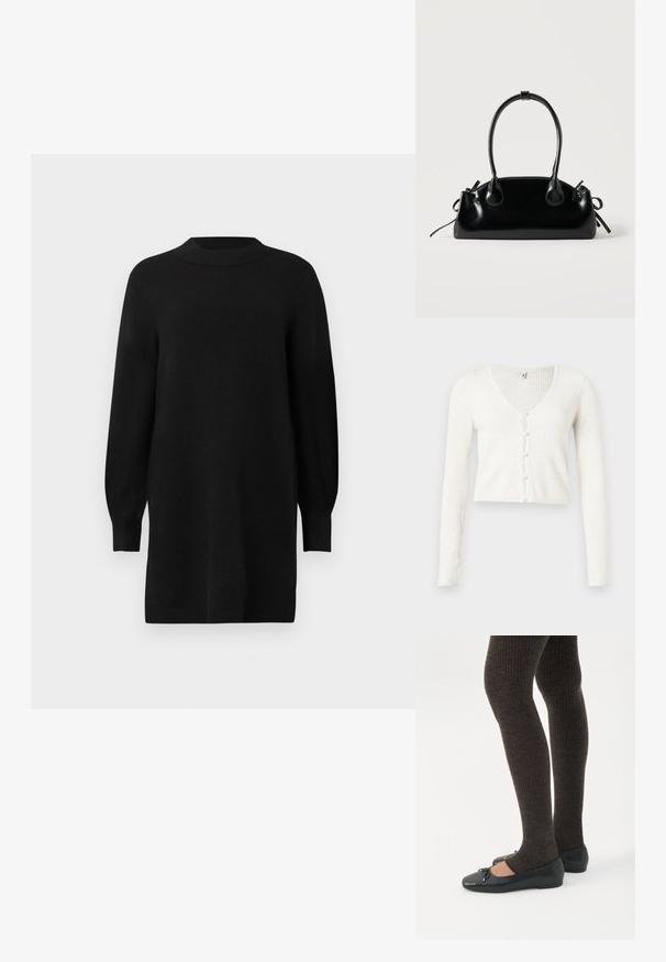 Hvid ribstrikket cardigan med V-hals, der har en kortet kant og seks perle-lignende knapper foran. Lange, tætsiddende ærmer.; Sort strikket kjole med rund halsudskæring, lange puffærmer og ribbede manchetter. Enkel, lige silhuet. Glat tekstur.; Ben iført mørke ribbede leggings kombineret med sorte balletsko med små sløjfedetaljer på hvid baggrund.; Lille sort blank håndtaske med to lange håndtag og snøre-detaljer i siden på en ensfarvet lys baggrund.