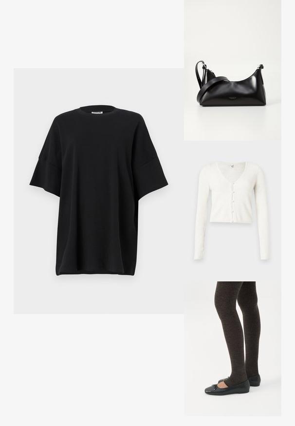 Weißer, gerippter Cardigan mit V-Ausschnitt, der einen kurz geschnittenen Saum und sechs perlenähnliche Knöpfe vorne aufweist. Lange, eng anliegende Ärmel.; Schwarz oversized T-Shirt aus Baumwolle, mit Rundhalsausschnitt und kurzen, weiten Ärmeln, die eine glatte Textur und einen entspannten Schnitt bieten.; Beine in dunklen, gerippten Leggings kombiniert mit schwarzen Ballerinas mit kleinen Schleifendetails auf weißem Hintergrund.; Schwarze lederne Handtasche mit glatter Textur. Verfügt über einen verstellbaren Riemen und ein elegantes, minimalistisches Design mit einem Reißverschluss.