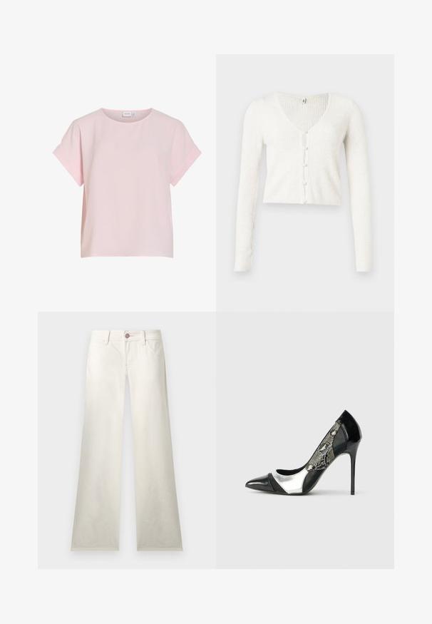 Cardigan blanc côtelé avec un col en V, présentant un ourlet court et six boutons nacrés sur le devant. Manches longues et ajustées.; Blouse rose clair à manches courtes avec col rond et poignets de manches pliés, en tissu doux et léger.; Pantalon blanc à jambes droites avec poches avant, passants pour ceinture et fermeture à bouton avec détails de coutures roses.; Pompe à talon aiguille noire et argentée avec un bout pointu, dotée d'un panneau latéral en maille avec un motif serpent et un talon effilé élégant.