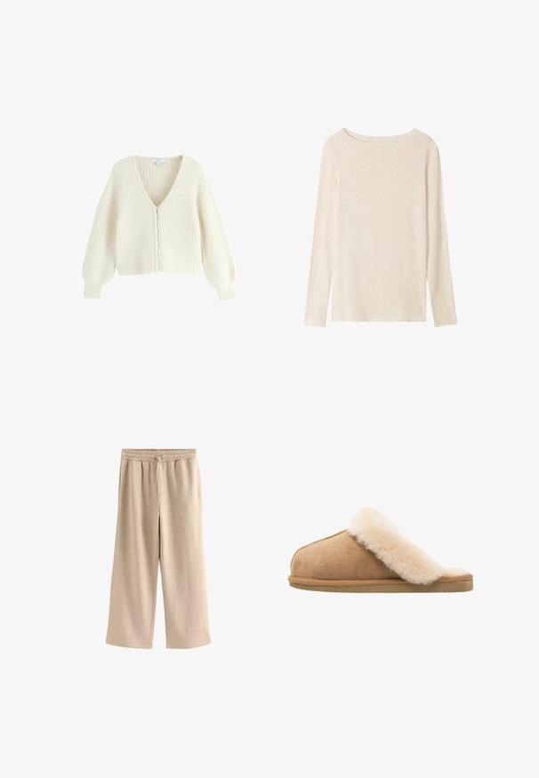 Stevige crème cardigans met een V-hals, geribbelde textuur en lange ballonmouwen. Heeft een knoopsluiting met decoratieve knopen.; Lichtbeige fijngebreide top met lange mouwen, boothals en een subtiele gemêleerde structuur.; Crème-kleurige wijde broek gemaakt van een zachte katoenmix. Heeft een elastische tailleband met trekkoord en een subtiele gespikkelde textuur.; Beige suède instapschoen met een zachte, fluffy crème schapenvachtvoering. Voorzien van een platte, gestructureerde rubberen zool voor grip.