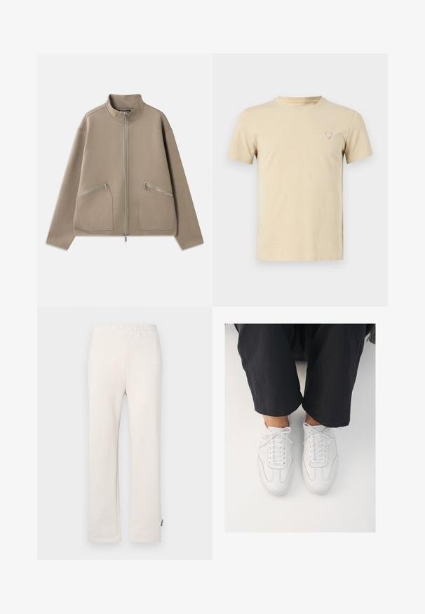 Beige vetoketjullinen takki pehmeästä kankaasta, jossa on kaksi etutaskua vetoketjulla, pystykaulus ja rento istuvuus, jossa on pudotetut olkapäät.; Vaaleanbeige puuvillapaita, jossa on pyöreä pääntie, lyhyet hihat ja pieni punainen kolmiologo vasemmassa rinnassa. Yksinkertainen muotoilu, pehmeä tuntuma.; Kerman puuvillapöksyt, joissa on joustava vyötärö ja brodeerattu logo. Suora lahjemuotoilu, jossa on sileä pinta ja hienovaraiset ompeluyksityiskohdat.; Valkoiset nahkakengät, joissa on sileä pinta, pyöreä kärki ja perinteinen nauhoitusjärjestelmä, asetettu tummien, löysästi istuvien housujen päälle.