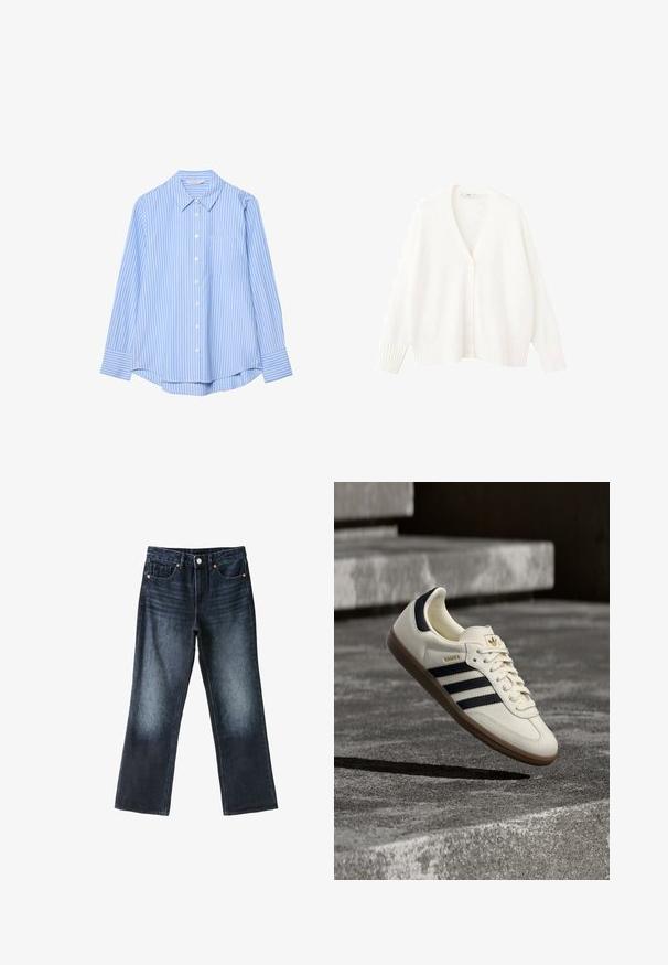 Witte gebreide cardigan met een V-hals, vijf knopen aan de voorkant en geribbelde manchetten en zoom. Zachte textuur en een losse pasvorm.; Lichtblauw overhemd met witte verticale strepen, lange mouwen, een kraag en een borstzak. Soepele stof met een relaxte pasvorm.; Donkerblauwe jeans met rechte pijpen, voorzakken, riemlussen, knoopsluiting en lichte vervaging op de dijen en knieën.; Witte Adidas Samba sneaker met zwarte strepen en gumzool, zwevend boven gestructureerde grijze betonnen treden.