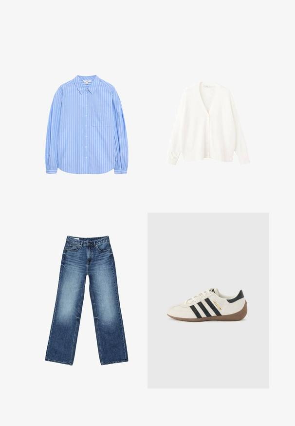 Hvid strikket cardigan med V-udskæring, fem knapper foran samt ribstrikkede manchetter og kant. Blød tekstur og afslappet pasform.; Lys blå langærmet skjorte med knapper, hvide lodrette striber, kravedesign, en lomme på venstre bryst og sammenfaldne ærmer ved manchetterne.; Blå vidtsiddende jeans i denim med forlommer og møntlomme foran, knaplukning og falmet vask på lår og knæ.; Hvid Adidas-sneaker med sorte striber, brun tekstureret sål og "SPEZIAL" i guldbogstaver på siden, set fra ydersiden.