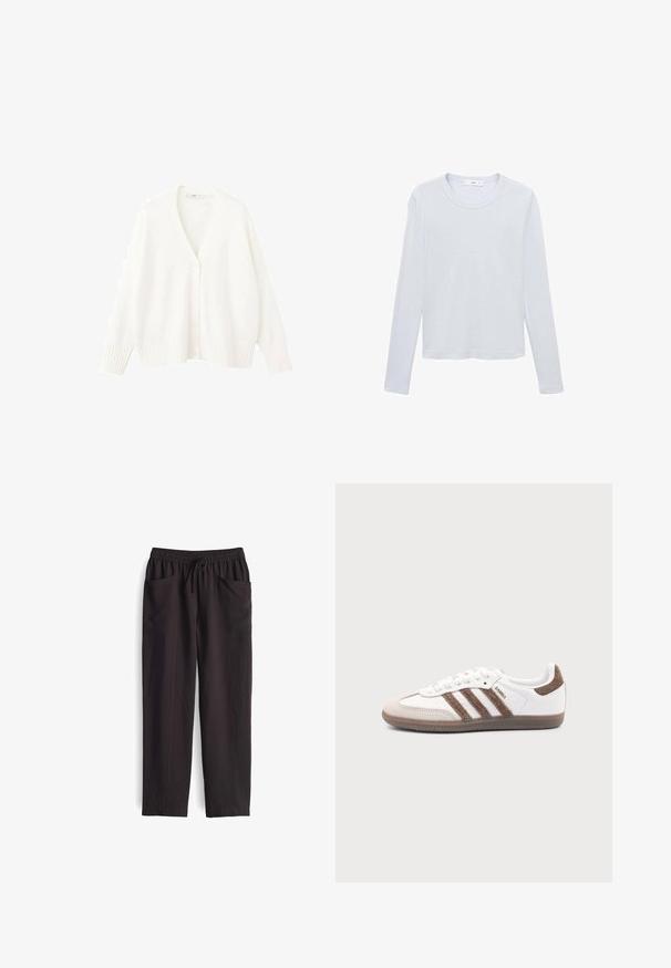Witte gebreide cardigan met een V-hals, vijf knopen aan de voorkant en geribbelde manchetten en zoom. Zachte textuur en een losse pasvorm.; Wit katoenen T-shirt met lange mouwen, ronde hals, rechte zoom en minimale stiksels, plat liggend op een witte achtergrond.; Zwarte, losse broek met een elastische tailleband en verstelbaar trekkoord; heeft twee voorke pockets en een gladde textuur.; Witte Adidas Samba sneaker met bruine suède strepen, bruine rubberen zool en beige suède neuskap, getoond vanaf de buitenkant op een effen achtergrond.
