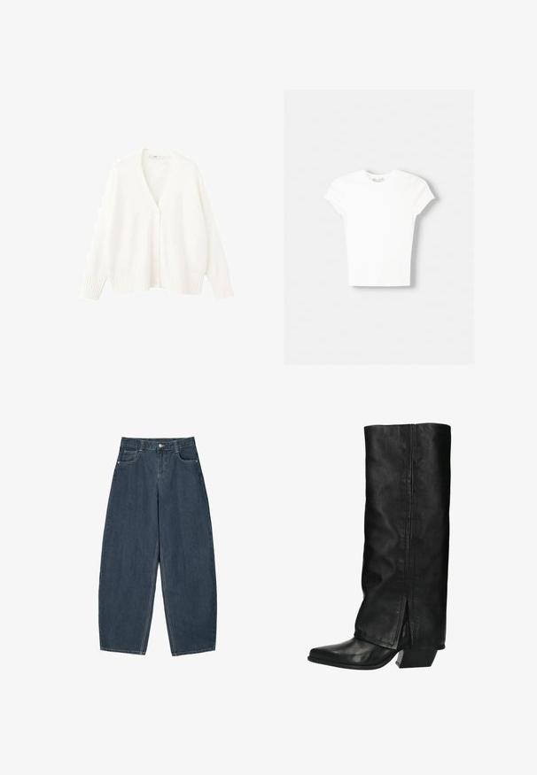 Witte gebreide cardigan met een V-hals, vijf knopen aan de voorkant en geribbelde manchetten en zoom. Zachte textuur en een losse pasvorm.; Witte t-shirt met korte mouwen van zachte katoen, met een ronde halslijn en een getailleerde vorm. Geen zichtbare patronen of versieringen.; Donkerblauwe denim wijde broek met hoge taille, voorzien van vijf zakken en zichtbare stikseldetails. Schoon, minimaal ontwerp.; Hoge zwarte leren laarzen met een vierkante neus en een blokhak. Heeft een gladde textuur en een split aan de achterkant voor extra detail.