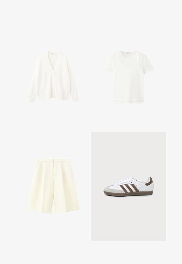 Cardigan blanc tricoté avec un col en V, cinq boutons sur le devant, et des bords-côtes aux poignets et à l'ourlet. Texture douce et coupe décontractée.; T-shirt blanc à manches courtes superposé avec un col rond et un tissu légèrement transparent, présenté sur un fond blanc uni.; Shorts cintrés couleur crème taille haute avec passants de ceinture, plis devant et poches latérales, présentés sur fond blanc.; Basket Adidas Samba blanche et marron avec trois bandes marron, lacets et semelle texturée, vue de côté sur fond uni.