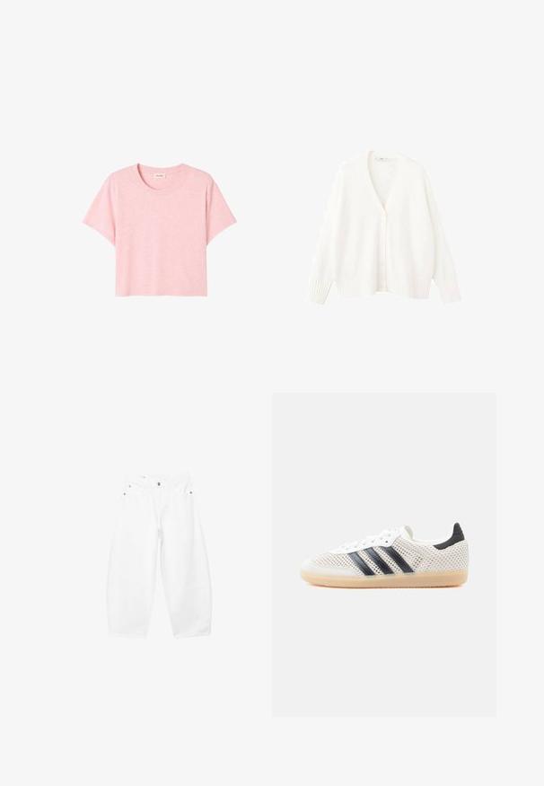 Hvid strikket cardigan med V-udskæring, fem knapper foran samt ribstrikkede manchetter og kant. Blød tekstur og afslappet pasform.; Rosa, kortærmet T-shirt lavet af blødt stof, med rund halsudskæring og en løs pasform med en subtil meleret struktur.; Hvide jeans med vide ben, forudsat med forreste knapper og lynlås, bæltestropper samt lommer i siderne og foran, vist på en ensfarvet baggrund.; Hvide mesh-sneakers med sort tre-stribet design, rundet tå og gummisål. Har blød hælkant og snørelukning.