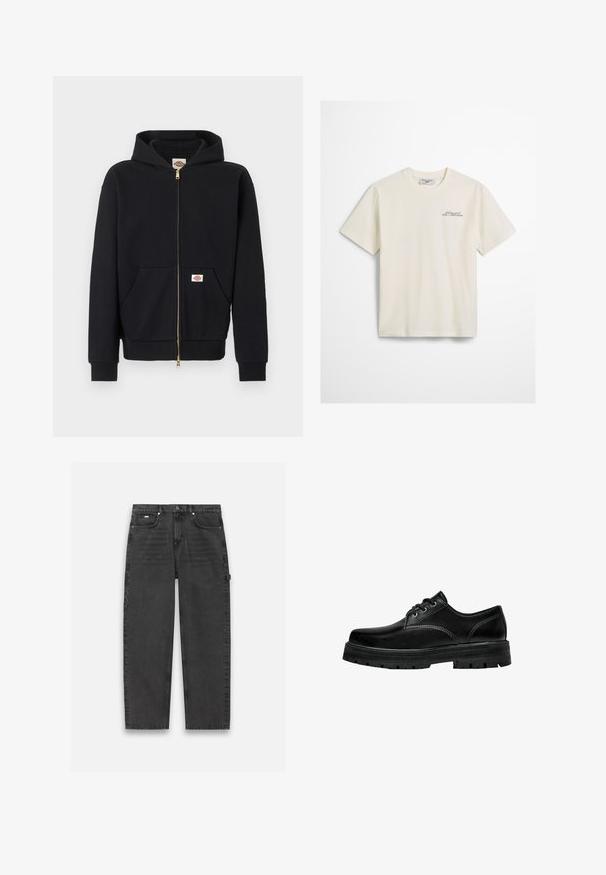 Sweat à capuche noir zippé avec poches avant, poignets côtelés, et écussons logo sur la poitrine et la poche, présenté sur un fond uni.; T-shirt en coton blanc à manches courtes, présentant un petit logo textuel imprimé en vert foncé sur le côté gauche de la poitrine. Encolure ronde, coupe décontractée.; Pantalons en denim gris foncé avec une coupe droite, style cinq poches et fermeture à boutons et zip visible. Présente un agencement minimal.; Chaussure en cuir noir à lacets avec un bout rond, finition texturée et semelle extérieure en caoutchouc épaisse présentant une profondeur de relief pour une meilleure adhérence.