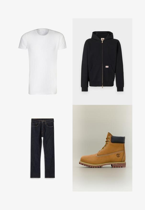 Schwarzer Kapuzenpullover mit Reißverschluss, Fronttaschen, gerippten Bündchen und Logo-Patches auf der Brust und Tasche, vor einem einfarbigen Hintergrund dargestellt.; Weißes T-Shirt mit kurzen Ärmeln, aus weicher Baumwolle, mit Rundhalsausschnitt und geradem Saum. Keine sichtbaren Muster oder Verzierungen.; Dunkelblaue, gerade geschnittene Jeans aus Denim mit Fronttaschen, Gürtelschlaufen und kontrastierendem orangefarbenem Nähen, flach auf weißem Hintergrund ausgelegt.; Brauner Leder-Stiefelette mit schwarzem Kragen, gelben Schnürsenkeln und hellbrauner Sohle. Verfügt über ein Logo und weiße Ziernähe. Robuste Profilsohle.