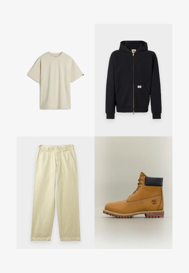 Sudadera con capucha negra con cremallera, bolsillos frontales, puños acanalados y parches con logo en el pecho y el bolsillo, mostrada sobre un fondo sencillo.; Camiseta de algodón beige con mangas cortas, escote redondo y un pequeño logo blanco en el pecho. Textura suave y un corte relajado.; Pantalones de algodón beige con un corte relajado, que cuentan con bolsillos laterales, presillas para cinturón y piernas rectas. Textura suave con detalles mínimos de costura.; Bota de tobillo de cuero marrón con cuello negro, cordones amarillos y suela beige. Presenta un logotipo y detalles de costura blanca. Suela exterior con tracción robusta.