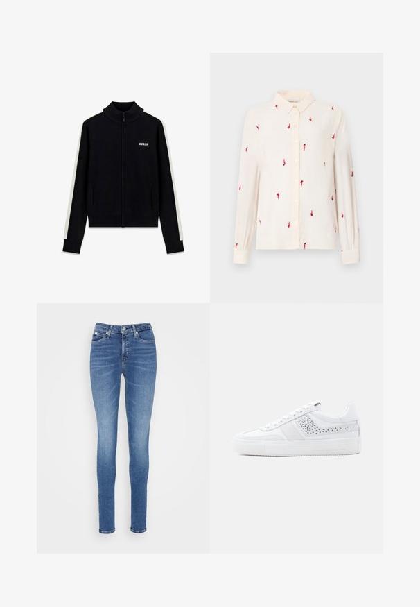 Zwarte trui met ritssluiting, witte strepen langs de mouwen en "GUESS" logo op de linkerborst, geribde kraag, manchetten en zoom.; Lichtbeige longsleeve overhemd met een button-down kraag, voorzien van rode vogelborduursels overal en knoopsluitingen aan de voorkant en bij de manchetten.; Skinny jeans in mediumblauwe denim, met een hoge taille, zachte textuur, twee voorzakken en één achterzak.; Witte sneaker met een glad leren bovenwerk, suède accenten, mesh details en een gerubberde, getextureerde zool. Voorzien van platte veters en branding aan de zijkant.