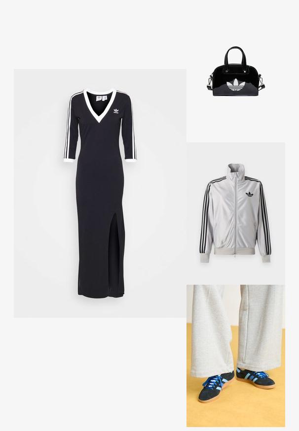 Chaqueta blanca con cremallera con detalles de tres rayas negras en las mangas, logo trefoil negro en el pecho y puños y cintura acanalados.; Vestido negro de manga larga con escote en V, franjas blancas a lo largo de las mangas y una apertura lateral. Hecho de tela suave, presenta un pequeño logo en el pecho.; Zapatillas de ante negras y azules con cordones azules y acentos a rayas, combinadas con pantalones de pierna ancha gris claro, sobre un suelo amarillo.; Bolso de mano de charol negro con forma redondeada, dos asas en la parte superior, acentos plateados y un prominente logotipo blanco en la parte delantera.