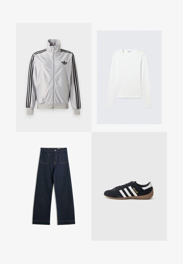 Weißes Reißverschlussjacke mit schwarzen drei Streifen an den Ärmeln, schwarzem Trefoil-Logo auf der Brust und gerippten Bündchen und Bund.; Langärmliges, schlichtes weißes Rundhals-Shirt mit schlanker Passform, dargestellt vor einem hellgrauen Hintergrund.; Dunkelblaue weite Jeans aus Denim mit kontrastierendem hellbraunem Nähen, zwei Gesäßtaschen und einem Knopfverschluss an der Taille.; Schwarzer Veloursleder-Sneaker mit drei weißen Streifen, Gummisohle und einem kleinen goldenen Logo an der Seite. Verfügt über ein glattes schwarzes Innenfutter.