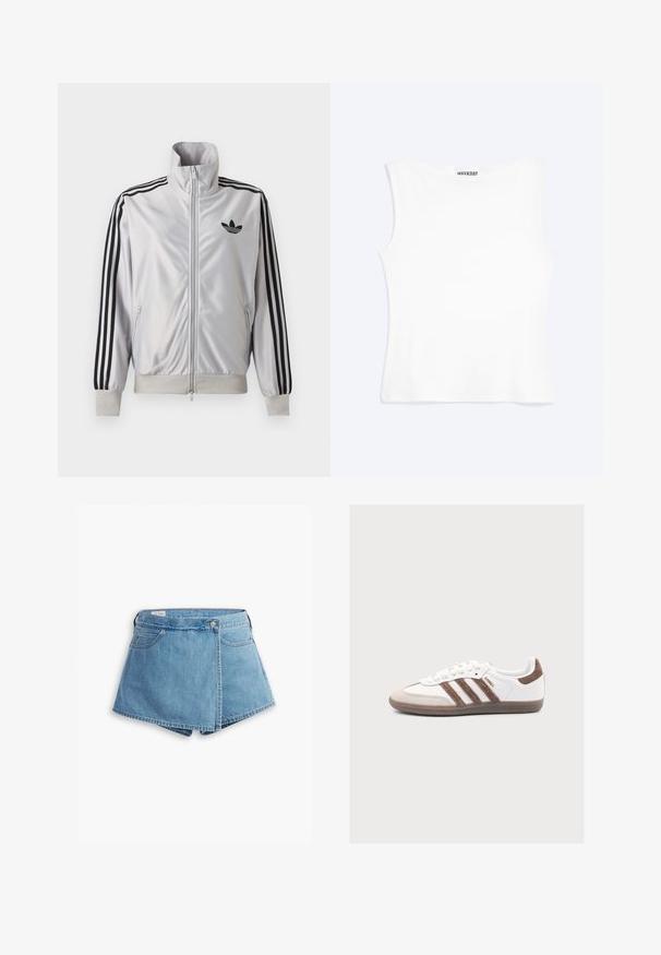 Weißes Reißverschlussjacke mit schwarzen drei Streifen an den Ärmeln, schwarzem Trefoil-Logo auf der Brust und gerippten Bündchen und Bund.; Weißes, ärmelloses, figurbetontes Tanktop mit rundem Ausschnitt und minimalistischem Design, innen am Kragen mit der Aufschrift „WEEKDAY“.; Hellblaue Jeansshorts mit Wickeldesign, Fronttaschen und Metallknopfverschluss. Glatte Textur mit genähten Kanten.; Weißer Adidas Samba Sneaker mit braunen Veloursstreifen, brauner Velourspitze und Gummisohle auf hellgrauem Hintergrund.