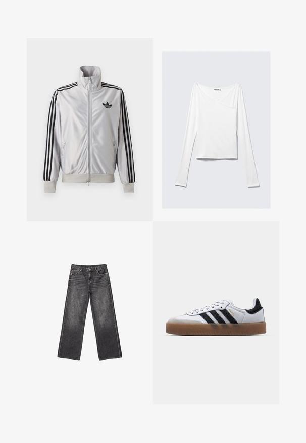 Biely zip-up kabát s čiernym detailom troch prúžkov na rukávoch, čiernym logom trefoil na hrudi a rebrovanými manžetami a lemom.; Biela blúzka s dlhým rukávom a prekríženým dizajnom, s vreckom. Vyrobená z hladkej, elastickej látky. Strih v uvoľnenom, voľnom štýle.; Tmavošedé široké džíny z denimu s prednými a zadnými vreckami, zapínaním na gombík a jemným vyblednutím.; Biele kožené tenisky s čiernymi pruhmi, gumová podrážka, okrúhla špička, šnurovanie a mäkký sivý semišový špička.