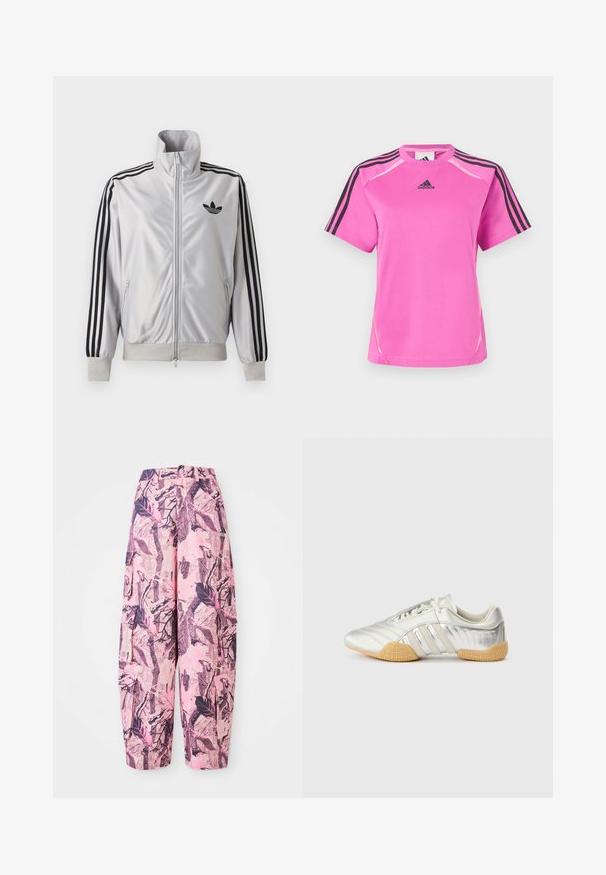 Valge lukuga jakk musta kolmetriibulise detailiga varrukatel, must trefoil-logo rinnal ning soonikkätte- ja vöökohaga.; Erkkroos roosa Adidas sportpusa mustade kolme triibuga detailidega varrukatel ja must Adidas logo rinnal.; Roosa ja lilla mustriga laiad püksid, millel on lehe- ja oksadisain, kõrge talje ning küljetaskud lisafunktsionaalsuse jaoks.; Hõbedane spordijalats, millel on siledast nahast pealmine osa, kummist tallad ja tekstuuriga detailid. Omadused hõlmavad kõverdatud kujundust ja toonitoonilisi paelu.