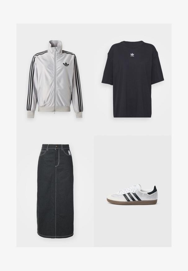 Biely zip-up kabát s čiernym detailom troch prúžkov na rukávoch, čiernym logom trefoil na hrudi a rebrovanými manžetami a lemom.; Čierne bavlnené tričko s krátkymi rukávmi, okrúhlym výstrihom, na hrudi s bielym logom Adidas. Jednoduchý dizajn, voľný strih.; Čierna denim midi sukňa s bielymi vertikálnymi pruhmi. Obsahuje pás na gombík, dve predné vrecká a kontrastné šitie. Priamy strih.; Biele sieťované tenisky s čiernymi pruhmi, béžovým semišovým špičkovým a pätovým detailom, textúrovanou gumovou podrážkou a bielymi šnúrkami. Klasický nízky strih.