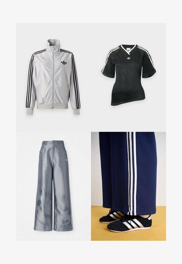 Biely zip-up kabát s čiernym detailom troch prúžkov na rukávoch, čiernym logom trefoil na hrudi a rebrovanými manžetami a lemom.; Čierne športové tričko s výstrihom do V, krátkym rukávom a textúrovaným vzorom chevron. Má biele tri pásikové ozdoby na ramenách a logo.; Široké nohavice z lesklého šedého materiálu, s bielymi bočnými pruhmi a plamenným vzorom na dolnej časti nohavíc. Zapínanie na gombík a zips v páse.; Námornícke tepláky s tromi bielymi vertikálnymi pruhmi a čiernymi atletickými topánkami so striebornými pruhmi a textúrovaným povrchom. Žltá podlaha.
