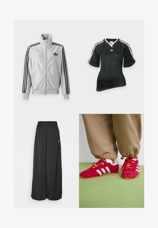 Hvid lynlåsjakke med sorte tre-stribe detaljer på ærmerne, sort trefoil-logo på brystet og ribbet manchetter og linning.; Sort atletisk skjorte med V-hals, korte ærmer og tekstureret chevronmønster. Har hvide tre-stribe accenter på skuldrene og logo.; Sorte løstsiddende træningsbukser lavet af glat stof. Har en elastisk talje og sidelogsstriber med logoaccents.; Røde ruskind sportssko med hvide striber, flad gummisål og røde snørebånd. Båret med beige bukser, placeret på en grøn overflade.