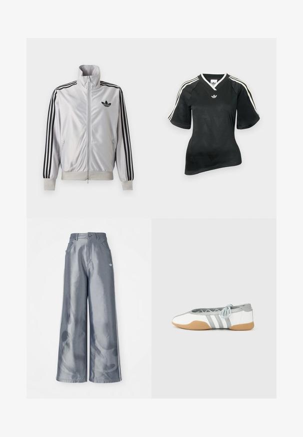 Biely zip-up kabát s čiernym detailom troch prúžkov na rukávoch, čiernym logom trefoil na hrudi a rebrovanými manžetami a lemom.; Čierne športové tričko s výstrihom do V, krátkym rukávom a textúrovaným vzorom chevron. Má biele tri pásikové ozdoby na ramenách a logo.; Široké nohavice z lesklého šedého materiálu, s bielymi bočnými pruhmi a plamenným vzorom na dolnej časti nohavíc. Zapínanie na gombík a zips v páse.; Biele a sivé balerínky s okrúhlou špičkou a elastickou šnúrkou, s tromi sivými pruhmi a béžovou gumovou podrážkou.