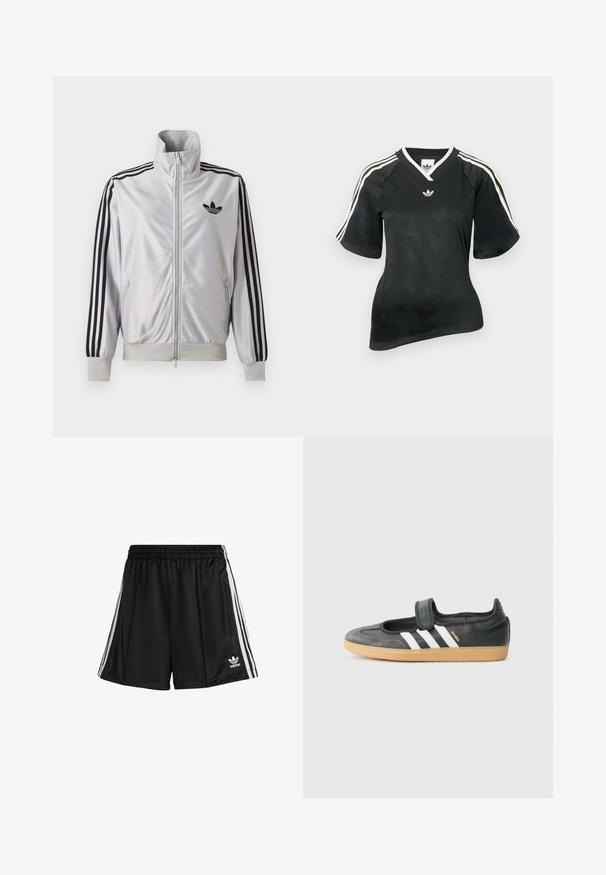 Witte jas met ritssluiting met zwarte drie-strepen details op de mouwen, zwart trefoil-logo op de borst en geribde boorden en tailleband.; Zwart sportshirt met V-hals, korte mouwen en een textuur met een chevronpatroon. Voorzien van witte drie-strepen accenten op de schouders en een logo.; Zwarte sportshorts met een elastische tailleband, voorzien van witte zijstrepen en een ritszak aan de rechterkant. Adidas-logo aan de onderkant links.; Zwarte leren en suède sneaker met een klittenbandsluiting, voorzien van drie witte strepen en een gumzool, met de naam "SAMBA" aan de zijkant.