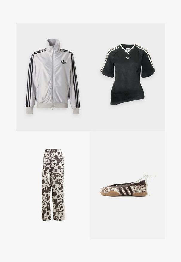 Chaqueta blanca con cremallera con detalles de tres rayas negras en las mangas, logo trefoil negro en el pecho y puños y cintura acanalados.; Camiseta deportiva negra con escote en V, mangas cortas y patrón de cheurón texturizado. Presenta detalles de tres franjas blancas en los hombros y logo.; adidas Originals COW PRINT SATIN WIDE LEG - Pantalones deportivos - multicolor off white; Zapato de ballet plano con patrón moteado marrón y blanco, tres rayas oscuras en el lateral, suela marrón claro y cordones blancos para atar en el tobillo.