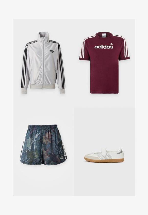 Biely zip-up kabát s čiernym detailom troch prúžkov na rukávoch, čiernym logom trefoil na hrudi a rebrovanými manžetami a lemom.; Bordové bavlnené tričko s bielymi pruhovanými rukávmi, na hrudi s bielym logom "adidas" a malým logom nad ním.; Pánske šortky s viacfarebným vzorom listov na tmavom pozadí, s elastickým pásom a bočnými pruhmi v bielej farbe.; Biela teniska so striebornými pruhmi, zamatovou špičkou a suchým zipsom. Textúrovaná podrážka z gumy vo farbe žuvačky. Minimalistický dizajn s hladkým povrchom.