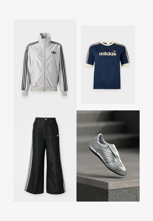 Biely zip-up kabát s čiernym detailom troch prúžkov na rukávoch, čiernym logom trefoil na hrudi a rebrovanými manžetami a lemom.; Tmavomodré Adidas sieťované tričko s krátkym rukávom s krémovým lemom, troma krémovými pruhmi na rukávoch a logom Adidas na hrudi.; Čierne džínsy s širokým strihom, s tromi bielymi pruhmi po stranách a malým bielym logom. Obsahujú predné vrecká a zapínanie na gombík.; Strieborná futbalová kopačka s elegantnou, hladkou kožou, aerodynamickým tvarom, vyznačujúca sa jemnými textúrami a čiernou gumovou podrážkou. Výrazné logo +F50.