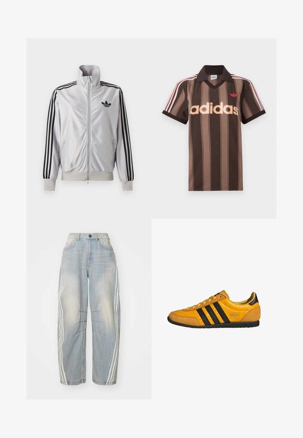 Witte jas met ritssluiting met zwarte drie-strepen details op de mouwen, zwart trefoil-logo op de borst en geribde boorden en tailleband.; Bruine gestreepte Adidas polo met V-hals, bordeauxrode kraag en rood logo. Heeft witte en rode schouderstrepen, korte mouwen.; Lichtblauwe denim jeans met een losse pasvorm, voorzien van witte strepen aan de zijkanten, verweringdetails en een knoopsluiting in de taille.; Gele leren sneaker met zwarte strepen, vetersluiting, geperforeerde neus en gestructureerde hielaccenten met het label "adidas Japan." Rubber loopzool.