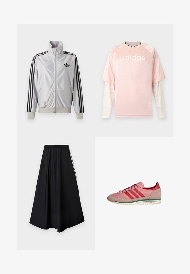 Hvid lynlåsjakke med sorte tre-stribe detaljer på ærmerne, sort trefoil-logo på brystet og ribbet manchetter og linning.; Lyserød Adidas langærmet trøje med hvide mønstrede mesh-ærmer og Adidas-logo på brystet mod en grå baggrund.; Sorte bukser med vidde i benene, elastisk talje og hvide sidestriber, vist mod en simpel hvid baggrund.; Pink og rød Adidas-sneaker med ruskindstå og hæl, røde snørebånd, grøn stribe over hvid sål, set fra siden.