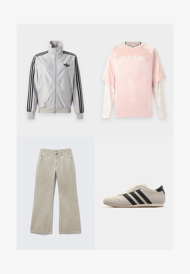 Valge lukuga jakk musta kolmetriibulise detailiga varrukatel, must trefoil-logo rinnal ning soonikkätte- ja vöökohaga.; Heleroosa Adidas pika varrukaga särk, millel on valged mustriga võrkmaterjalist varrukad ning Adidas logo rinnal hallil taustal.; Beežid laiade säärega teksad esikäe ja tagataskutega, vööaasadega, nööpkinnitusega ning peene täpilise tekstuuriga.; Heled hallid tenniseketid mustade triipudega, ümmarguse varbaga, sileda nahkpealsega, klõpsuga rihmaga ja kummist tallaga.