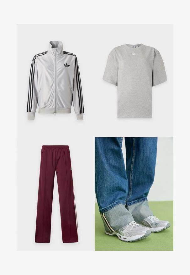 Biely zip-up kabát s čiernym detailom troch prúžkov na rukávoch, čiernym logom trefoil na hrudi a rebrovanými manžetami a lemom.; Svetlosivé tričko Adidas s krátkym rukávom, okrúhlym výstrihom a malým bielym logom Adidas na hrudi, zobrazené na jednoduchom pozadí.; Vínové teplákové nohavice s elastickým pásom, bočnými vreckami na zips, bielymi bočnými pruhmi a malým bielym logom Adidas na pravej stehne.; Šedé športové topánky z priedušného materiálu s bielymi akcentmi, v kombinácii s modrými rifľovými nohavicami, ktoré sú na členkoch ohnuté.