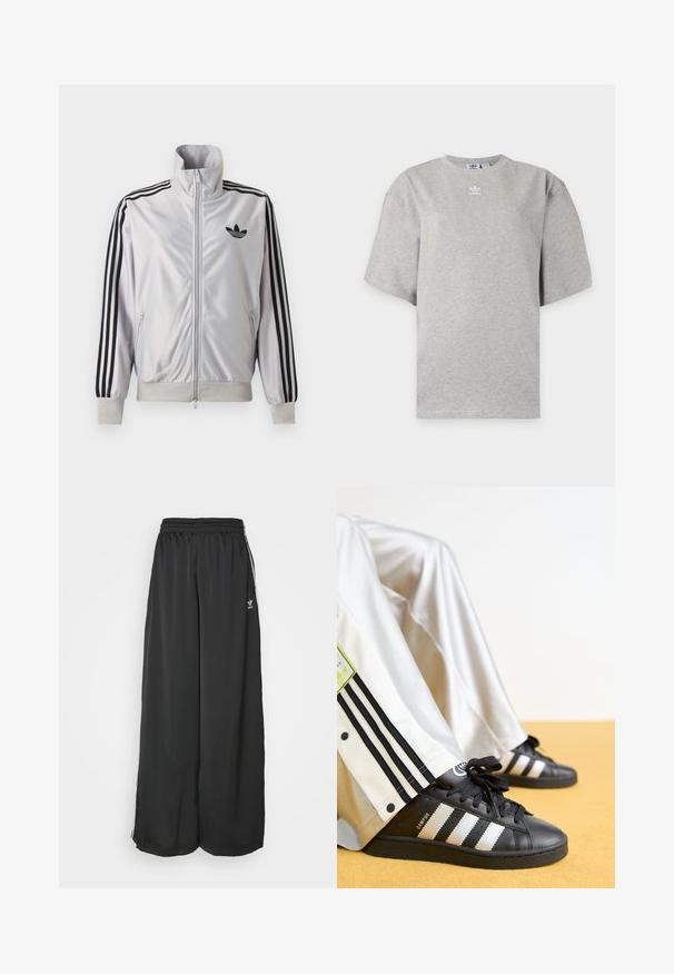 Biely zip-up kabát s čiernym detailom troch prúžkov na rukávoch, čiernym logom trefoil na hrudi a rebrovanými manžetami a lemom.; Svetlosivé tričko Adidas s krátkym rukávom, okrúhlym výstrihom a malým bielym logom Adidas na hrudi, zobrazené na jednoduchom pozadí.; Čierne široké tréningové nohavice vyrobené z hladkej látky. Obsahujú elastický pás a bočné pruhy s logom.; Čierne tenisky Adidas Campus so zlatými pruhmi a čiernymi šnúrkami, spárované s bielymi teplákmi so čiernymi pruhmi a logom.