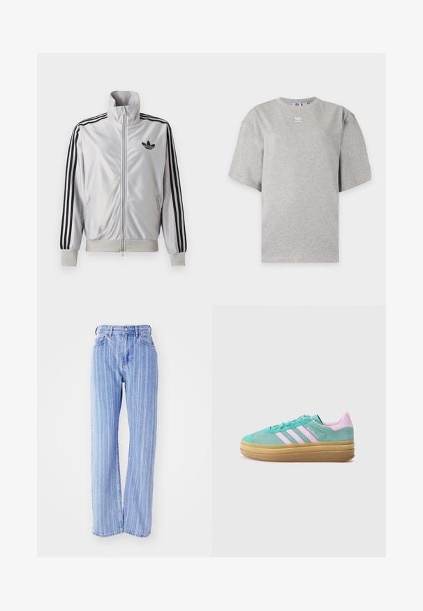 Hvid lynlåsjakke med sorte tre-stribe detaljer på ærmerne, sort trefoil-logo på brystet og ribbet manchetter og linning.; Lysegrå Adidas T-shirt med korte ærmer, rund hals og lille hvid Adidas-logo på brystet, vist på en ensfarvet baggrund.; Lyseblå denimjeans med vertikale hvide striber, høj talje, løs pasform, fem lommer og knaplukning.; adidas Originals GAZELLE BOLD - Sneakers - powder teal/bliss lilac/pure teal