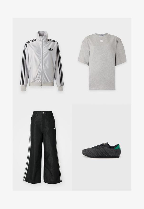 Chaqueta blanca con cremallera con detalles de tres rayas negras en las mangas, logo trefoil negro en el pecho y puños y cintura acanalados.; Camiseta Adidas de manga corta color gris claro con cuello redondo y pequeño logo blanco de Adidas en el pecho, mostrada sobre un fondo liso.; Pantalones de denim anchos y negros con tres franjas blancas en cada lado y un pequeño logo blanco. Cuenta con bolsillos frontales y un cierre de botón.; Zapatilla negra de perfil bajo con un sutil patrón floral, cordones negros, lengüeta trasera verde y logo dorado en la lengüeta y el talón.