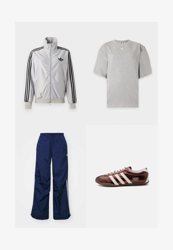 Weißes Reißverschlussjacke mit schwarzen drei Streifen an den Ärmeln, schwarzem Trefoil-Logo auf der Brust und gerippten Bündchen und Bund.; Hellgraues Adidas T-Shirt mit kurzen Ärmeln, Rundhalsausschnitt und kleinem weißen Adidas-Logo auf der Brust, auf schlichtem Hintergrund dargestellt.; Navyblaue, leichte Hosen mit elastischem Bund und Kordelzug, versehen mit weißen Seitenstreifen und einem kleinen Logo vorne. Locker geschnittenes Design.; Flacher metallischer burgunderfarbener Adidas Sneaker mit weißen Streifen, Schnürsenkeln und „Adidas Tokyo“-Branding an der Seite.