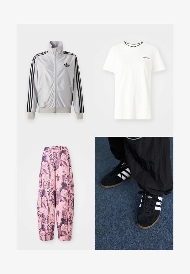 Biely zip-up kabát s čiernym detailom troch prúžkov na rukávoch, čiernym logom trefoil na hrudi a rebrovanými manžetami a lemom.; Biela bavlnená tričko s krátkymi rukávmi a okrúhlym výstrihom. Obsahuje čierne logo Adidas na hrudi a kontrastný čierny vnútorný golier.; Ružové a fialové široké nohavice s vzorom obsahujúce dizajn listov a vetvičiek, s vysokým pásom a bočnými vreckami pre väčšiu funkčnosť.; Čierne roháčiky z semišu so tromi bielymi pruhmi a čiernymi šnúrkami. Texturované čierne nohavice sú čiastočne viditeľné vedľa topánok.