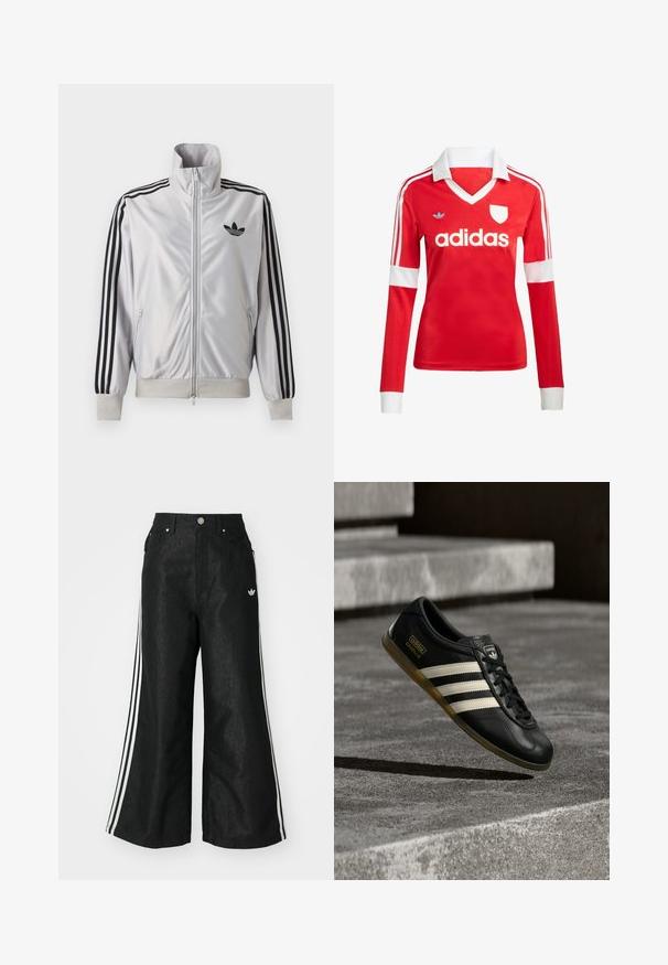 Biely zip-up kabát s čiernym detailom troch prúžkov na rukávoch, čiernym logom trefoil na hrudi a rebrovanými manžetami a lemom.; Červený futbalový dres s dlhým rukávom a bielym golierom a manžetami. Na ramenách sú tri biele pruhy a výrazne zobrazené logo "adidas".; Čierne džínsy s širokým strihom, s tromi bielymi pruhmi po stranách a malým bielym logom. Obsahujú predné vrecká a zapínanie na gombík.; Čierna kožená teniska s bielym dizajnom troch pruhov, textúrovanými detailmi, čiernymi šnúrkami a gumovou podrážkou. Logo značky viditeľné na jazyku.
